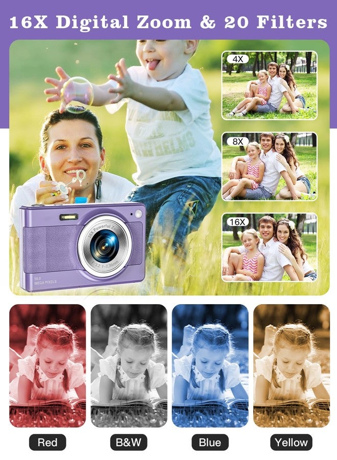Fleafer Upgrade Kids Camera, 56MP FHD 1080P with 16x Zoom, Anti Shake, 32GB TF Card, Two Batteries, Lanyard - Compact Small Camera for Kids Boys Girls (Purple) - Image 3